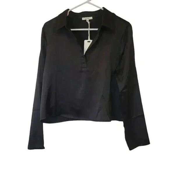 Pleione Women's Black Poly/Spandex Satin V-Neck Long Sleeve Cropped Pull Over To - Picture 2 of 10